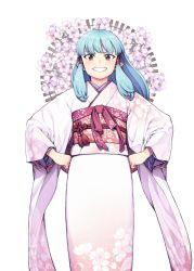 Rule 34 | 1girl, blue hair, brown eyes, commentary request, floral print, flower, grin, hair tubes, hamada yoshikazu, hands on own hips, highres, japanese clothes, kimono, kiriha (tsugumomo), long hair, long sleeves, looking at viewer, obi, official art, pointy ears, print kimono, sash, simple background, smile, solo, tsugumomo, white background, wide sleeves