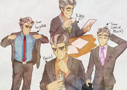 Rule 34 | 1boy, absurdres, belt, blue shirt, blueberryblanket, brown belt, brown jacket, brown pants, business suit, buttoned cuffs, buttons, closed eyes, coffee mug, collared shirt, creatures (company), cup, formal, game freak, grey eyes, grey hair, highres, jacket, larry (pokemon), long sleeves, mug, multicolored clothes, multicolored hair, multiple views, necktie, nintendo, open clothes, open jacket, orange shirt, pants, pink necktie, pokemon, pokemon sv, salaryman, shirt, suit