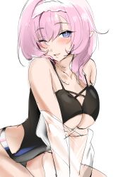 Rule 34 | 1girl, absurdres, alternate costume, bare shoulders, black one-piece swimsuit, blue eyes, blush, breasts, clothing cutout, collarbone, elf, elysia (honkai impact), elysia (miss pink elf) (honkai impact), elysia (summer miss elf) (honkai impact), hair between eyes, headband, highres, honkai (series), honkai impact 3rd, large breasts, long hair, one-piece swimsuit, one eye closed, open mouth, pink hair, pink pupils, pointy ears, saki (remainaddd), see-through, see-through sleeves, side cutout, smile, swimsuit, underboob, white background, white headband