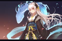 Rule 34 | 1girl, bad id, bad pixiv id, dragon, fate/grand order, fate (series), horns, japanese clothes, kimono, kiyohime (fate), kiyohime (third ascension) (fate), letterboxed, long hair, obi, sash, shaded face, snake, solo, wakame mi, white hair, yellow eyes