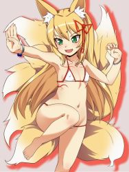 Rule 34 | 1girl, :d, animal ear fluff, animal ears, bad id, bad twitter id, bangle, bare legs, barefoot, bikini, blonde hair, blush, bracelet, breasts, collarbone, commentary, covered erect nipples, fang, fox ears, fox girl, fox tail, green eyes, grey background, hair between eyes, hair ribbon, jewelry, kitsune, kyuubi, long hair, looking away, looking to the side, micro bikini, momendoufu, mon-musu quest!, multiple tails, navel, open mouth, outstretched arm, red ribbon, ribbon, small breasts, smile, solo, standing, standing on one leg, swimsuit, tail, tamamo (mon-musu quest!), v-shaped eyebrows, very long hair, white bikini