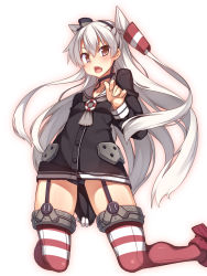 Rule 34 | 10s, 1girl, amatsukaze (kancolle), black panties, brown eyes, clothes pull, dress, dress pull, fang, garter straps, highres, kantai collection, long hair, long sleeves, panties, pantyshot, personification, racer (magnet), red thighhighs, sailor dress, school uniform, serafuku, short dress, silver hair, simple background, solo, striped clothes, striped thighhighs, thighhighs, twintails, two side up, underwear, white background, zettai ryouiki