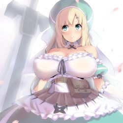 Rule 34 | 10s, 1girl, bad id, bad tumblr id, bare shoulders, belt, belt pouch, blonde hair, bow, breasts, cleavage, elbow gloves, gloves, green eyes, hair bow, hair ornament, hat, huge breasts, long hair, magister, nail, petals, pouch, senran kagura, solo, weapon, white gloves, yomi (senran kagura)