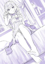 Rule 34 | 1girl, :q, bad id, bad pixiv id, barefoot, blush, dutch angle, feet, foot focus, full body, licking lips, long hair, looking at viewer, monochrome, on bed, original, purple theme, sitting, sketch, smile, soles, solo, toes, tongue, tongue out, yoropa