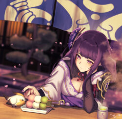 1girl armor bird blunt_bangs blurry blurry_background breasts bridal_gauntlets bush cleavage commentary_request cup dango dutch_angle elbow_rest falling_petals food genshin_impact gold_trim gradient_eyes grin hair_ornament hand_on_own_cheek hand_on_own_face head_rest index_finger_raised japanese_clothes kimono l4st_resort large_breasts long_hair looking_at_animal mole mole_under_eye multicolored_eyes obi petals plate purple_eyes purple_hair purple_kimono purple_nails purple_sash raiden_shogun sanshoku_dango sash shoulder_armor sidelocks sitting smile solo steam table teeth tree two-tone_eyes wagashi wooden_table wooden_wall yellow_eyes yunomi