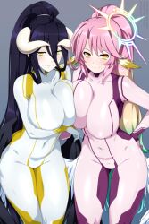 Rule 34 | 2girls, albedo (overlord), arm under breasts, asymmetrical docking, black hair, bodysuit, breast press, breasts, closed mouth, commentary, commission, spiked halo, covered collarbone, covered navel, crossover, english commentary, half-closed eyes, halo, hand on own hip, highres, horns, huge breasts, jibril (no game no life), lindaroze, long bangs, long hair, looking at viewer, multicolored hair, multiple girls, no game no life, orange eyes, overlord (maruyama), pink hair, skin tight, smile, standing, very long hair, yellow eyes, zero suit
