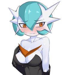 Rule 34 | 1girl, alternate color, areola slip, averting eyes, bahamosia, bare shoulders, black dress, black gloves, blue hair, blush, bob cut, breasts, closed mouth, collarbone, colored skin, commission, creatures (company), dress, elbow gloves, embarrassed, female focus, game freak, gardevoir, gen 3 pokemon, gloves, hair between eyes, hand up, large breasts, looking to the side, mega gardevoir, mega pokemon, nintendo, nose blush, orange eyes, pokemon, pokemon (creature), second-party source, shiny pokemon, shiny skin, short hair, simple background, solo, split mouth, strapless, strapless dress, sweat, upper body, wavy mouth, white background, white skin