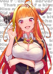 Rule 34 | 1girl, absurdres, blush, bow, breasts, brooch, cleavage, cleavage cutout, clothing cutout, dragon girl, dragon horns, english text, fang, hairband, highres, hololive, horn bow, horn ornament, horns, jewelry, kagawa ichigo, kiryu coco, kiryu coco (1st costume), large breasts, long hair, looking at viewer, nail polish, open mouth, orange hair, pink nails, pointy ears, red eyes, simple background, skin fang, smile, solo, virtual youtuber, white background