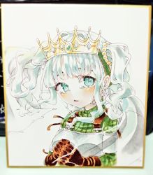 Rule 34 | 1girl, aqua eyes, aqua hair, armor, blunt bangs, blush, breastplate, brown gloves, crown, crying, crying with eyes open, dot nose, eyebrows hidden by hair, futaba sana, gloves, green sweater, jewelry, kamanberu sando, looking at viewer, magia record: mahou shoujo madoka magica gaiden, magical girl, mahou shoujo madoka magica, necklace, own hands together, parted lips, photo (medium), portrait, ribbed sweater, shikishi, sidelocks, simple background, solo, sweater, tears, traditional media, twintails, veil, wavy hair, white background, wind