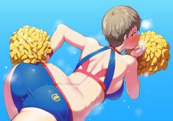 Rule 34 | 1girl, ass, blue shorts, blush, breasts, brown eyes, brown hair, butt crack, cheerleader, crop top, freckles, from behind, girls und panzer, gym shorts, highres, holding, holding pom poms, looking at viewer, looking back, medium breasts, naomi (girls und panzer), pom pom (cheerleading), pom poms, sasaki tatsuya, shiny skin, short hair, shorts, solo, very short hair