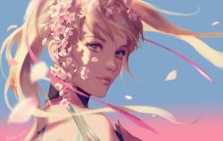 Rule 34 | 1girl, blonde hair, blue eyes, blurry, blurry foreground, cherry blossoms, eyelashes, flower, hage2013, hair flower, hair ornament, lips, long hair, looking at viewer, mercy (overwatch), nose, overwatch, overwatch 1, petals, pink mercy, pink ribbon, portrait, ribbon, simple background, solo, twintails, twitter username