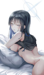 Rule 34 | 1girl, absurdres, bed sheet, black hair, black shirt, blue archive, blush, bottomless, breasts, chest harness, clothes lift, halo, harness, highres, looking at viewer, looking back, lying, medium breasts, moda (mo da 3), on stomach, out-of-frame censoring, pillow, saori (blue archive), shirt, shirt lift, solo