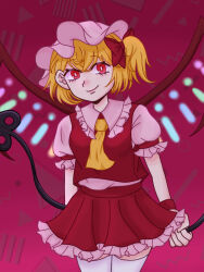 Rule 34 | 1girl, ascot, blonde hair, closed mouth, cowboy shot, flandre scarlet, frills, hair ribbon, hat, laevatein (touhou), mob cap, puffy sleeves, red eyes, red ribbon, ribbon, side ponytail, smile, solo, touhou, user thja2733, yellow ascot