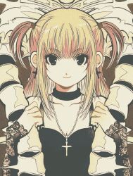 Rule 34 | 2girls, amane misa, blonde hair, cross, cross earrings, death note, earrings, goth fashion, highres, jewelry, multiple girls, pikurusu, rem (death note), shinigami, simple background, size difference, smile