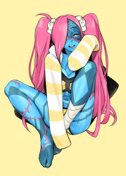 Rule 34 | 1girl, absurdres, bandaged leg, bandages, barefoot, blue skin, code of princess, colored skin, commentary, commission, english commentary, hair ornament, hair over one eye, highres, lady zozo, long hair, long sleeves, looking at viewer, luimiart, multiple scars, navel, open mouth, parted bangs, pink hair, scar, scar on face, simple background, skull hair ornament, sleeves past fingers, sleeves past wrists, solo, teeth, toes, twintails, upper teeth only, yellow background, yellow eyes