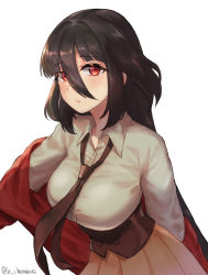 Rule 34 | 1girl, artist name, black hair, breasts, chamame, closed mouth, collared shirt, hair between eyes, jacket, jacket partially removed, large breasts, long hair, looking at viewer, necktie, pleated skirt, red eyes, red jacket, shirt, simple background, skirt, solo, twitter username, very long hair, white background, white shirt, yamada tae, zombie land saga