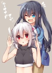 Rule 34 | !, 2girls, ;d, adyisu, altair floone, alternate hairstyle, area aquamarine, black hair, blue eyes, blush, breasts, brown background, long hair, multiple girls, one eye closed, open mouth, original, red eyes, short hair, simple background, sleeveless, smile, turtleneck, twintails, twitter username, two side up, white hair