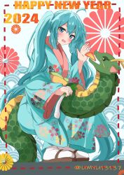 Rule 34 | 1girl, ahoge, blue eyes, blue hair, blue kimono, blush, brown footwear, chinese zodiac, dot nose, dragon, eastern dragon, floral print, food, full body, hair between eyes, hand up, hatsune miku, highres, holding, holding food, holding spring onion, holding vegetable, inset border, japanese clothes, kimono, long hair, long sleeves, looking at viewer, obi, open hand, open mouth, oyu (umyu13137), print kimono, rectangular mouth, sandals, sash, seigaiha, sidelocks, socks, solo, spring onion, squatting, sweatdrop, twintails, twitter username, vegetable, very long hair, vocaloid, watermark, wavy mouth, white socks, wide sleeves, year of the dragon