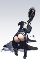 Rule 34 | 1girl, absurdres, albino, all fours, arknights, ass, black dress, black footwear, black panties, boots, braid, circular saw, clothes lift, commentary request, commission, dress, dress lift, from behind, garter straps, gradient background, grey background, habit, hair between eyes, highres, holding, holding weapon, long hair, long sleeves, looking at viewer, looking back, mouth hold, nun, panties, red eyes, rosary, saw, single braid, solo, specter (arknights), thigh boots, thighhighs, underwear, upskirt, very long hair, weapon, white hair, xintianou