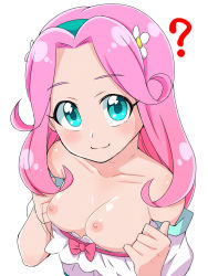 Rule 34 | 1girl, :3, ?, blue eyes, blush, breasts, breasts out, closed mouth, flower, hair flower, hair ornament, hairband, hanami kotoha, highres, konboi-eg, long hair, looking at viewer, mahou girls precure!, nipples, pink hair, precure, simple background, small breasts, smile, solo, white background