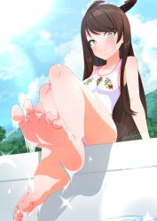 Rule 34 | 1girl, aqua nails, arm support, barefoot, blue sky, breasts, bright pupils, brown hair, brown horns, character request, check copyright, cloud, cloudy sky, collarbone, commission, copyright request, day, dot nose, feet, floral print, forest, from below, goat horns, godai 01, green eyes, highres, horns, indie virtual youtuber, knees up, lens flare, light blush, light particles, long hair, looking at viewer, mountain, nature, one-piece swimsuit, pink one-piece swimsuit, pixiv commission, poolside, red eyes, sidelocks, sitting, sky, small breasts, smile, soaking feet, sunlight, swept bangs, swimsuit, two-tone eyes, two-tone one-piece swimsuit, virtual youtuber, wet, white one-piece swimsuit, white pupils