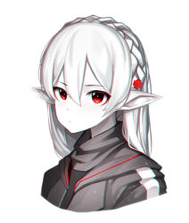 Rule 34 | 1girl, absurdres, arknights, beudelb, black jacket, braid, colored skin, commentary, cropped torso, cross hair ornament, crown braid, female focus, hair between eyes, hair ornament, highres, jacket, korean commentary, long hair, looking at viewer, pointy ears, portrait, red eyes, simple background, solo, v-shaped eyebrows, warfarin (arknights), white background, white hair, white skin