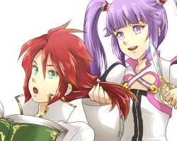 Rule 34 | 00s, 1boy, 1girl, book, cropped jacket, cutting hair, fujimo nao, gradient hair, green eyes, luke fon fabre, multicolored hair, official alternate costume, open book, orange hair, purple eyes, purple hair, reading, red hair, scissors, simple background, sophie (tales), tales of (series), tales of graces, tales of the abyss, twintails, white background