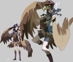 Rule 34 | 1girl, bag, bare shoulders, bird legs, bird tail, black hair, brown feathers, brown wings, commentary request, feathers, goggles, goggles on head, grey background, harpy, long hair, monster girl, multiple views, original, purple eyes, satchel, scroll, seimannu, sidelocks, simple background, tail, talons, winged arms, winged hat, wings