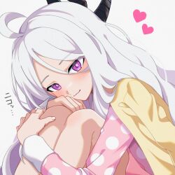 Rule 34 | 1girl, ahoge, blue archive, blush, closed mouth, coat, coat on shoulders, demon horns, hair between eyes, highres, hina (blue archive), hina (pajamas) (blue archive), horns, hugging own legs, karaage (xxxmido02), knees up, leaning forward, light smile, looking at viewer, pajamas, pink pajamas, purple eyes, simple background, sitting, white hair