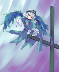 Rule 34 | 00s, 1girl, artist request, blue dress, blue wings, boots, cross, dress, frills, hairband, red eyes, rozen maiden, solo, suigintou, white hair, wings