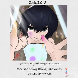 Rule 34 | 1girl, absurdres, black hair, blind, child, disability, dress, dusk madow, highres, looking at viewer, paint, picture-in-picture, picture frame, polaroid, pov, short hair, standing, sundress