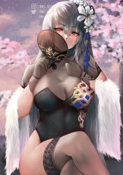Rule 34 | 1girl, absurdres, artist name, azur lane, breasts, china dress, chinese clothes, cleavage, crossed legs, dress, feather boa, flower, hair flower, hair ornament, hand fan, highres, holding, holding fan, large breasts, long hair, looking at viewer, mole, mole under eye, official alternate costume, red eyes, saint-louis (alluring administrator) (azur lane), saint-louis (azur lane), see-through, see-through cleavage, see-through legwear, sheer gloves, short sleeves, sitting, solo, thighs, tini, watermark, white flower