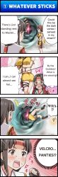 Rule 34 | 00s, 4koma, ankle boots, blush, boots, brown eyes, brown gloves, brown hair, character request, clenched hand, comic, cross-laced clothes, dagger, earrings, english text, final fantasy, final fantasy xi, fingerless gloves, gloves, glowing, hand on own chin, headband, highres, iroha (ff11), jewelry, knife, lion (ff11), nose blush, orb, standing, sweatdrop, thinking, tomokichi, weapon