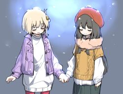 Rule 34 | 2girls, black hair, blonde hair, bob cut, brown sweater, closed mouth, commentary, enpera, green skirt, hat, holding hands, inoue takina, jacket, long hair, long sleeves, lycoris recoil, multiple girls, nishikigi chisato, pantyhose, pink pantyhose, pink scarf, purple jacket, red headwear, scarf, shioneko114, short hair, skirt, smile, snow, snow on head, sweater, symbol-only commentary, white sweater, yuri
