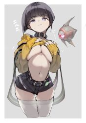 Rule 34 | 1girl, belt, black belt, black collar, black shorts, blunt bangs, bob cut, breasts, collar, grey background, hands on own chest, highres, hyocorou, kyouka jinrui amunero, large breasts, long sleeves, looking at viewer, navel, original, purple eyes, short hair, shorts, simple background, smile, solo, sweater, thighhighs, thighs, underboob, white thighhighs, yellow sweater