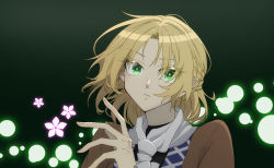 Rule 34 | 1girl, black shirt, blonde hair, brown jacket, closed mouth, commentary request, danmaku, eyes visible through hair, green background, green eyes, half updo, ihsayah hayashi, jacket, looking at viewer, mizuhashi parsee, multicolored clothes, multicolored jacket, parted bangs, pointy ears, scarf, shirt, short hair, solo, touhou, upper body, white scarf