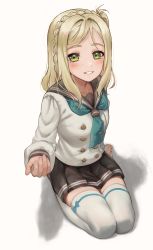 Rule 34 | 1girl, absurdres, aqua neckwear, black sailor collar, black skirt, blonde hair, blush, braid, commentary request, full body, green eyes, highres, looking at viewer, love live!, love live! sunshine!!, ohara mari, parted lips, pleated skirt, sailor collar, school uniform, shadow, short hair, simple background, sitting, skirt, smile, solo, thighhighs, thighs, torriet, wariza, white background, white thighhighs, zettai ryouiki