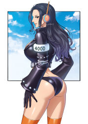 Rule 34 | 1girl, arm rest, armlet, artist name, ass, bell sleeves, bikini, black bikini, black border, black gloves, black jacket, blue sky, border, cloud, cloudy sky, crop top, ear covers, egghead island, from side, gloves, highres, jacket, long hair, long sleeves, looking at viewer, looking to the side, midriff, nico robin, nico robin (egghead), one piece, orange thighhighs, outside border, parted lips, profile, revealing clothes, sideways glance, sideways mouth, signature, sky, solo, standing, studded, studded sleeves, swimsuit, thighhighs, youkan (tako)