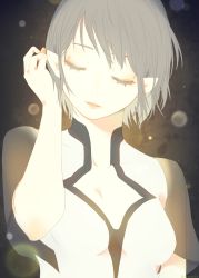 Rule 34 | 1girl, breasts, commentary request, dress, closed eyes, highres, ico, pointy ears, see-through, see-through sleeves, short hair, silver hair, solo, white dress, yorda