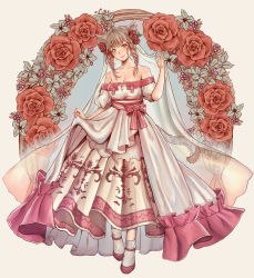 Rule 34 | 1girl, animal ears, arch, warrior of light (ff14), braid, breasts, bridal veil, brown hair, cat ears, cat tail, cleavage, dress, facial mark, final fantasy, final fantasy xiv, floral arch, flower, green eyes, hair flower, hair ornament, heterochromia, highres, long hair, looking at viewer, medium breasts, miqo&#039;te, off-shoulder dress, off shoulder, pink trim, red eyes, rose, slit pupils, socks, tail, twin braids, udongo99, veil, wedding dress, whisker markings, white dress