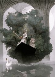 Rule 34 | 1girl, bird, boat, breasts, clenched hand, dark skin, dove, dress, hood, large breasts, original, reflecting pool, reflection, reflective water, staff, swan, tahra, tiger, tree, watercraft, white dress