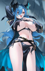 Rule 34 | 1girl, :d, arm behind back, arm up, armpits, azur lane, belt, belt buckle, black coat, blue eyes, blue hair, blurry, blurry background, blush, breasts, buckle, coat, commentary request, depth of field, fangs, groin, hair over one eye, hand in own hair, highres, horns, large breasts, long hair, long sleeves, looking at viewer, mary celeste (azur lane), navel, open clothes, open coat, open mouth, pointy ears, revealing clothes, smile, solo, stomach, thighs, torn clothes, underboob, zhudouzi
