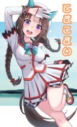 Rule 34 | absurdres, animal ears, arm up, beret, blurry, blurry background, braid, breasts, commentary request, hair ornament, hat, highres, hokko tarumae (umamusume), horse ears, horse girl, horse tail, leg up, long braid, long hair, medium breasts, open mouth, purple eyes, ribbon, sparkle, tail, thighs, translated, twin braids, umamusume, yami anko