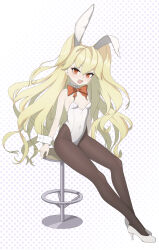 Rule 34 | 1girl, absurdres, animal ears, black pantyhose, blonde hair, bow, bowtie, breasts, character request, clover theater, detached collar, high heels, highres, leotard, long hair, pantyhose, playboy bunny, polka dot, polka dot background, rabbit ears, red eyes, sitting, small breasts, solo, stool, strapless, strapless leotard, two side up, white background, white footwear, white leotard, wrist cuffs, zhuan a zhuan
