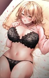 Rule 34 | 1girl, black bra, black panties, blush, bra, breasts, brown eyes, brown hair, cleavage, clothes lift, highres, indoors, isshiki iroha, large breasts, long sleeves, looking at viewer, lying, medium hair, navel, on back, on bed, panties, parted lips, pillow, pink sweater, red hayao, solo, sweater, sweater lift, underwear, yahari ore no seishun lovecome wa machigatteiru.