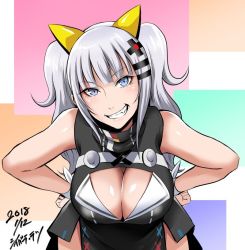 Rule 34 | 1girl, bad id, bad pixiv id, bent over, blue eyes, breasts, cleavage, cleavage cutout, clothing cutout, grin, hair ornament, hands on own hips, kaguya luna, large breasts, looking at viewer, shibusun, silver hair, sleeveless, smile, the moon studio, twintails, virtual youtuber