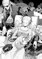Rule 34 | 1girl, 2boys, a song of ice and fire, aegon ii targaryen, aemond targaryen, breasts, brother and sister, closed eyes, crown, cup, eyepatch, greyscale, hair pulled back, helaena targaryen, highres, holding, holding cup, house of the dragon, long hair, long sleeves, medium breasts, monochrome, multiple boys, own hands together, parted bangs, parted lips, pillow, short hair, siblings, skull, smile, upper body, yan river