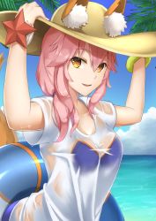 Rule 34 | 10s, 1girl, :d, animal ears, bad id, bad pixiv id, bikini, blue bikini, blue sky, breasts, cloud, day, ears through headwear, fate/extra, fate/grand order, fate (series), fox ears, fox tail, hat, innertube, long hair, looking at viewer, medium breasts, ocean, open mouth, outdoors, palm tree, pink hair, pinta (ayashii bochi), see-through, shirt, sky, smile, solo, swim ring, swimsuit, tail, tamamo (fate), tamamo no mae (fate/extra), tamamo no mae (swimsuit lancer) (fate), tamamo no mae (swimsuit lancer) (second ascension) (fate), tree, wet, wet clothes, wet shirt, yellow eyes