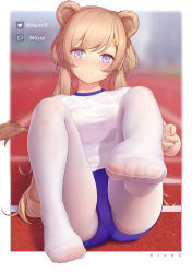 Rule 34 | 1girl, animal ears, bigxixi, blue eyes, blurry, blurry background, blush, border, breasts, brown hair, buruma, closed mouth, commentary request, feet, feet up, full body, hair ornament, hairclip, knees up, lion ears, lion girl, lion tail, long hair, looking at viewer, medium breasts, no shoes, original, pantyhose, pixiv username, shirt, solo, swept bangs, tail, twintails, twitter username, very long hair, white pantyhose, white shirt