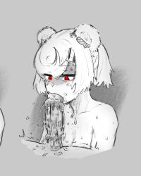 Rule 34 | 1boy, 1girl, animal ears, arknights, bear ears, breasts, cleavage, collarbone, completely nude, erection, fangs, fellatio, glansjob, gummy (arknights), highres, licking, licking penis, long tongue, looking down, motion lines, noneka, nude, oral, partially colored, penis, red eyes, saliva, saliva trail, shaded face, short hair, small breasts, smile, spot color, tongue, tonguejob, very long tongue, water drop
